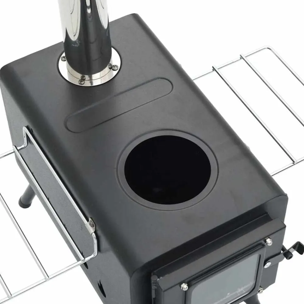 vidaXL Estufa leña de tienda con chimenea patas plegables acero negro Best