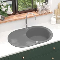 vidaXL Fontanería-Fregadero de cocina de granito con un seno ovalado gris