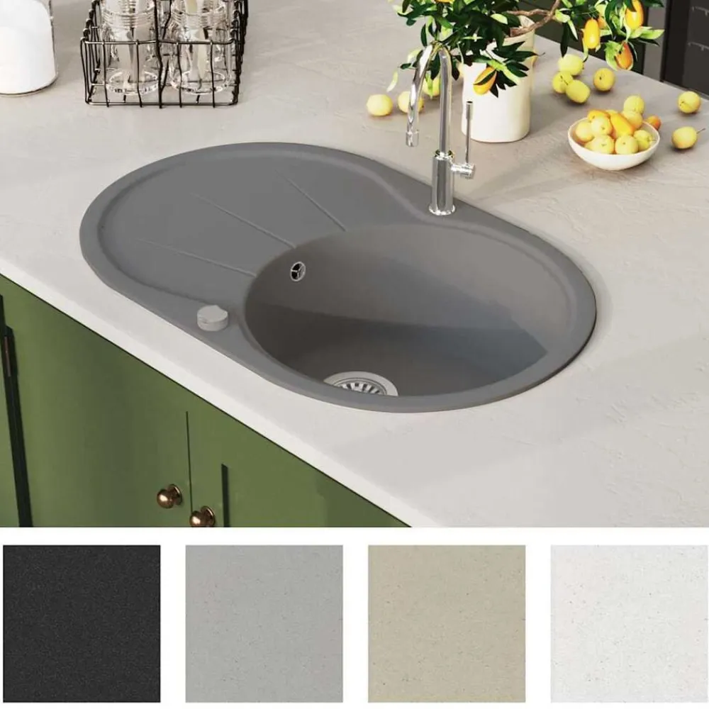 vidaXL Fontanería-Fregadero de cocina de granito con un seno ovalado gris
