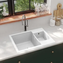 vidaXL Fregadero de cocina doble seno con rebosadero granito Blanco New
