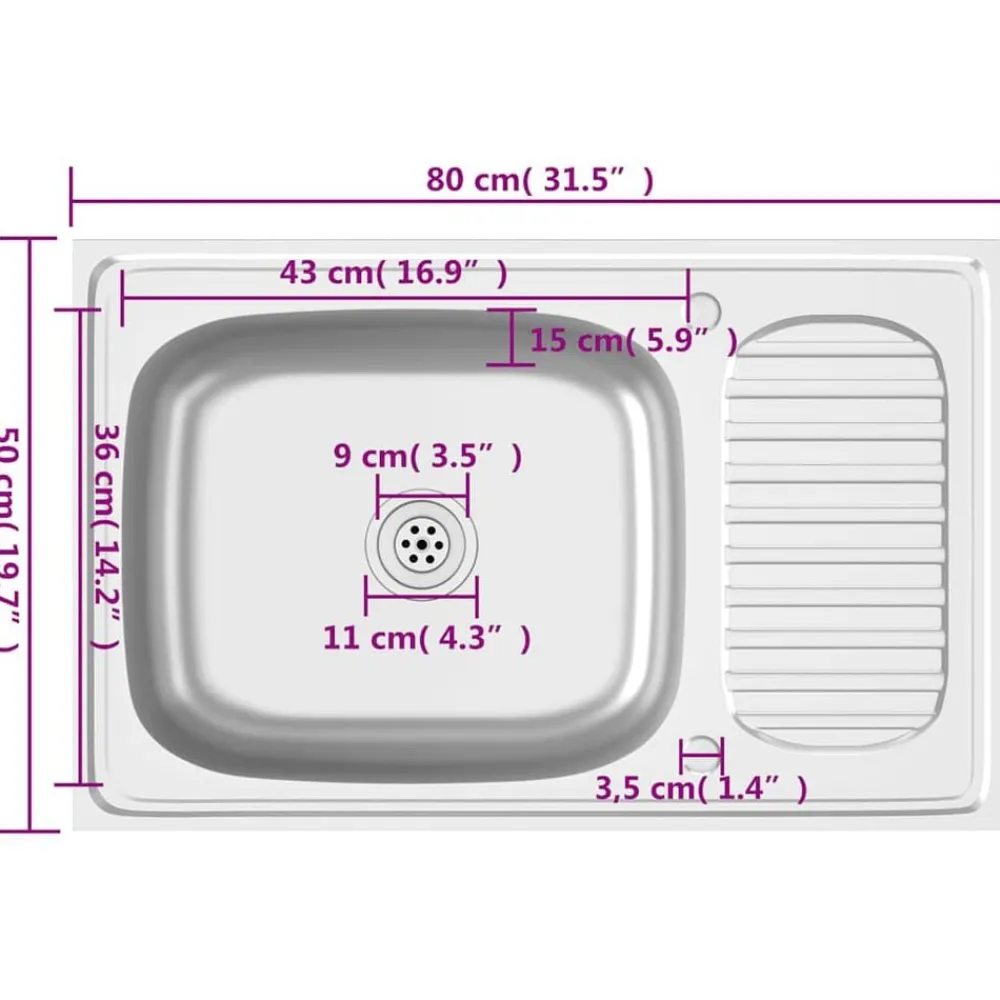 vidaXL Fontanería-Fregadero de cocina con escurridor acero inox 800x500x155 mm