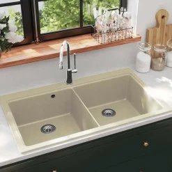 vidaXL Fontanería-Fregadero de cocina de granito con dos senos