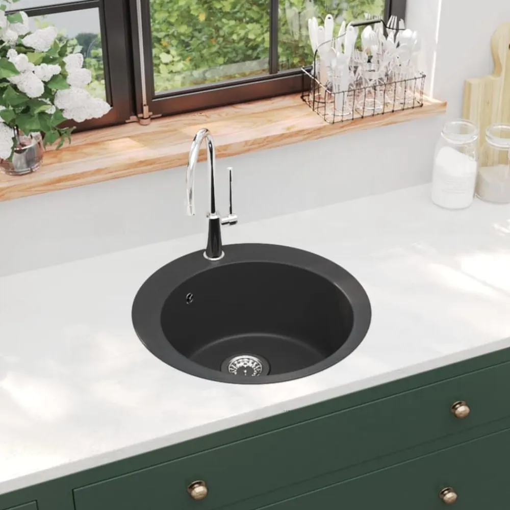 vidaXL Fregadero de cocina de granito con un seno redondo Negro Clearance