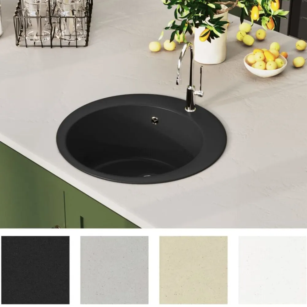 vidaXL Fregadero de cocina de granito con un seno redondo Negro Clearance