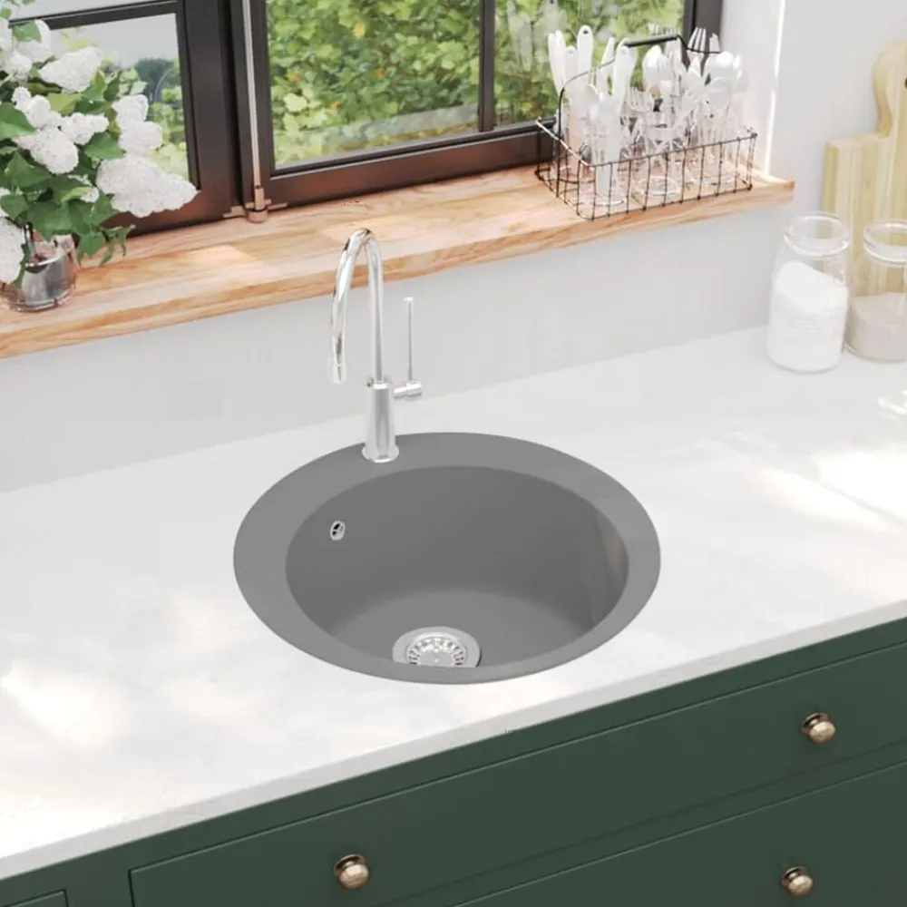 vidaXL Fontanería-Fregadero de cocina de granito con un seno redondo