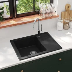 vidaXL Fregadero de cocina con rebosadero ovalado granito Negro Online