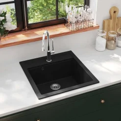 vidaXL Fregadero de cocina de granito con un seno Negro Best