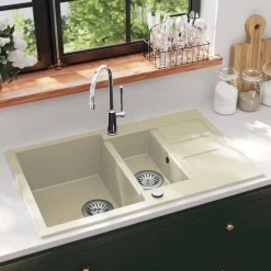 vidaXL Fontanería-Fregadero de cocina de granito con dos senos