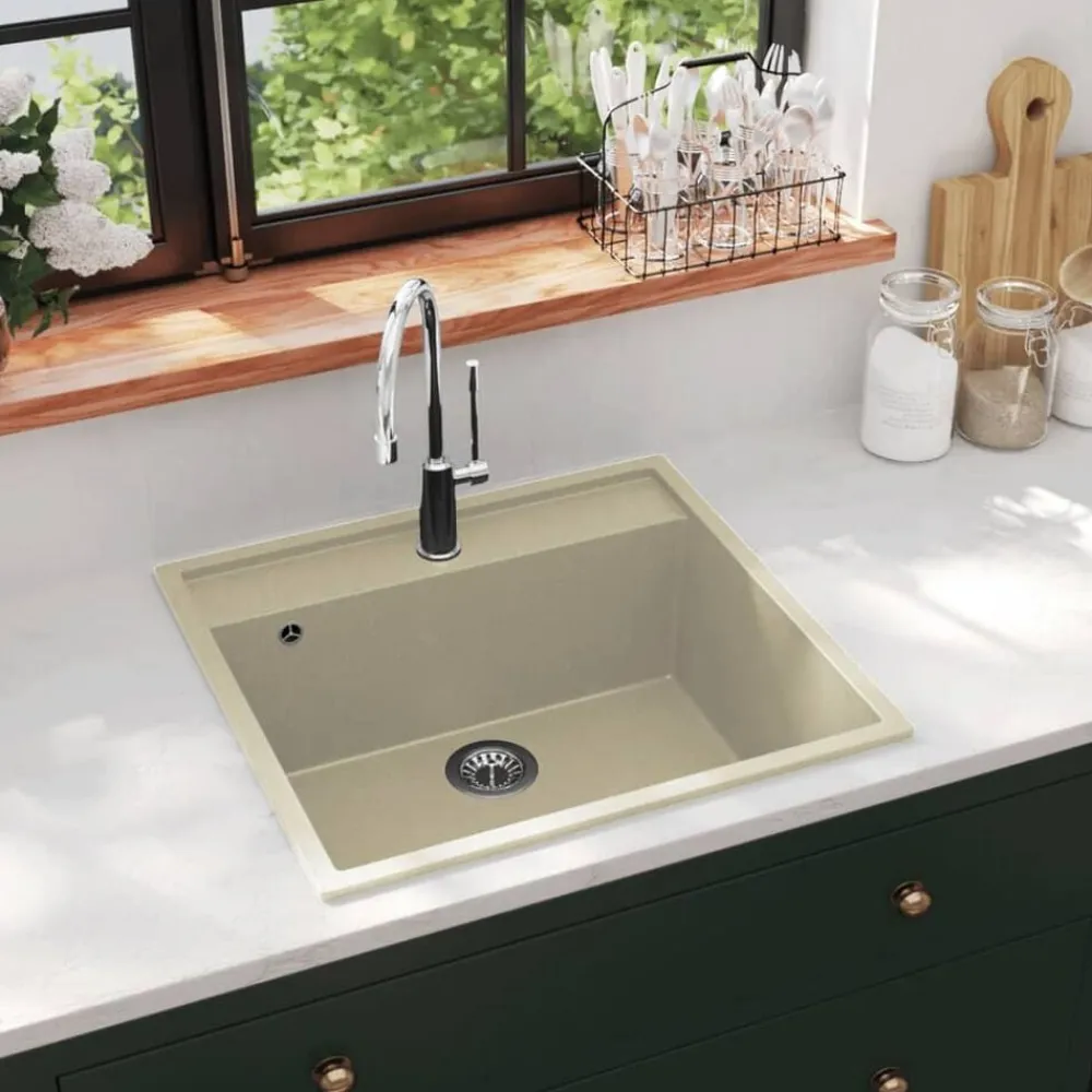 vidaXL Fregadero de cocina con rebosadero granito Beige Best