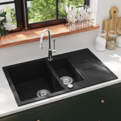vidaXL Fregadero de cocina con 2 senos granito Negro Online
