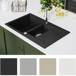 vidaXL Fregadero de cocina con 2 senos granito Negro Online