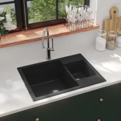 vidaXL Fontanería-Fregadero de cocina doble seno con rebosadero granito
