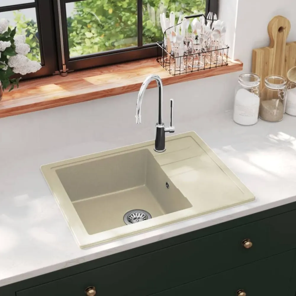 vidaXL Fregadero de cocina con rebosadero ovalado granito Beige New