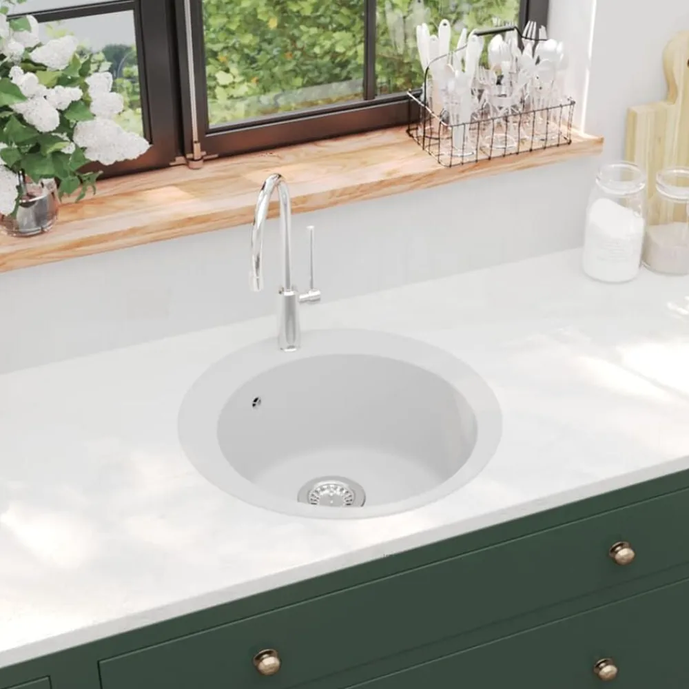 vidaXL Fregadero de cocina de granito con un seno redondo Blanco Clearance