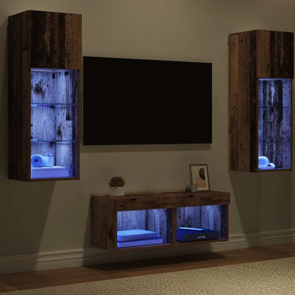 vidaXL Gabinetes de pared para TV 4 pcs Roble artesanal Madera vieja Discount