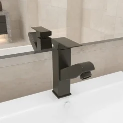 vidaXL Grifo de lavabo de baño con función extraíble negro 157x172 mm Gris New