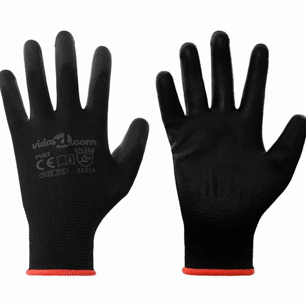 vidaXL Equipo De Protección Para El Trabajo-Guantes de Trabajo 12 pcs Negro 7 / S Poliéster