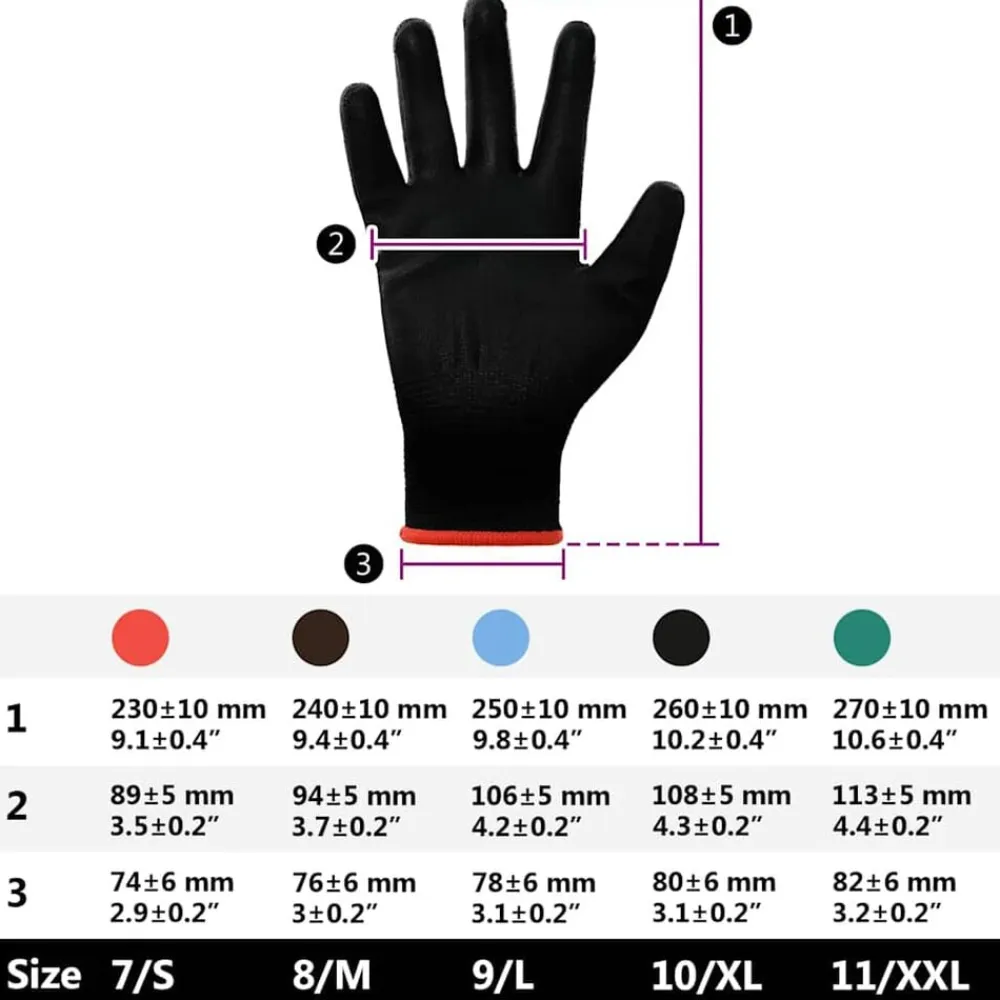 vidaXL Equipo De Protección Para El Trabajo-Guantes de Trabajo 12 pcs Negro 7 / S Poliéster