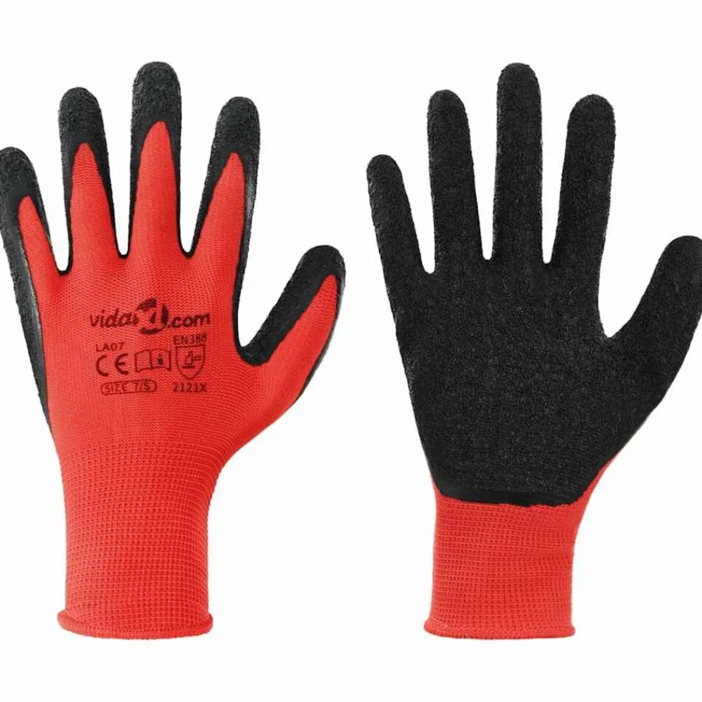 vidaXL Equipo De Protección Para El Trabajo-Guantes de Trabajo 12 pcs Rojo y Negro 7 / S
