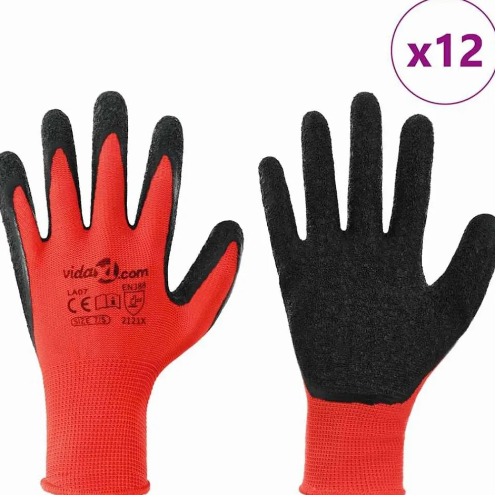vidaXL Equipo De Protección Para El Trabajo-Guantes de Trabajo 12 pcs Rojo y Negro 7 / S