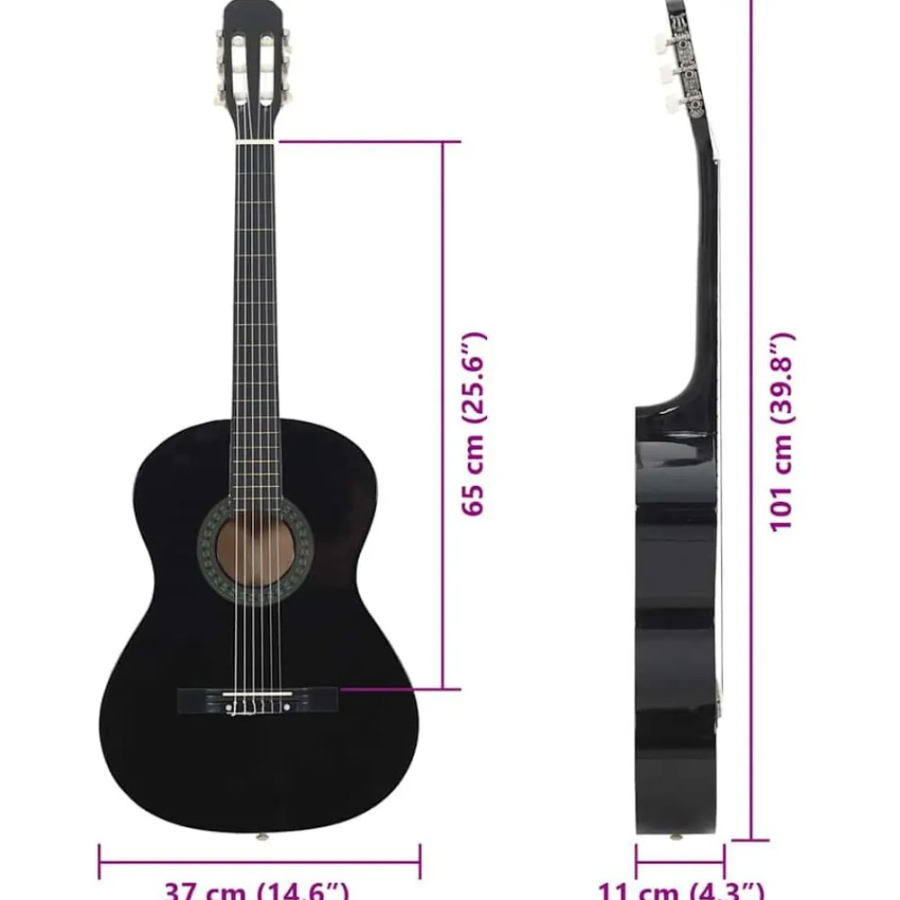 vidaXL Guitarra clásica para principiantes madera tilo 4/4 39" Negro Hot