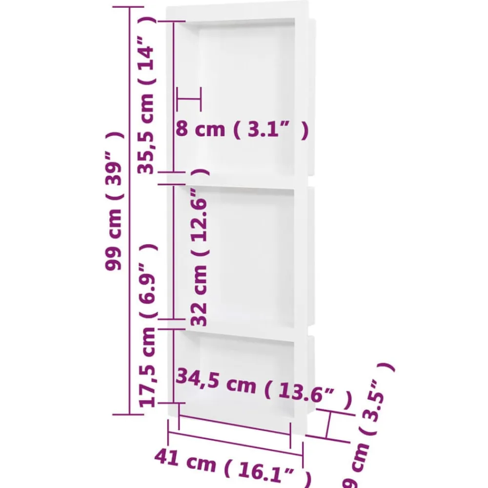 vidaXL Fontanería-Hornacina de ducha 3 compartimentos blanco brillo 41x99x9 cm
