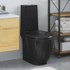 vidaXL Inodoro redondo de cerámica flujo hacia abajo Negro Hot