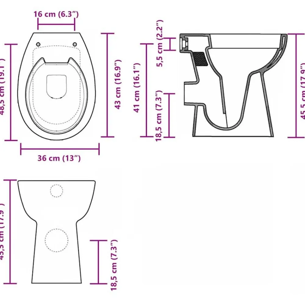 vidaXL Fontanería-Inodoro sin borde, 7 cm altura extra, cierre suave, cerámica blanca