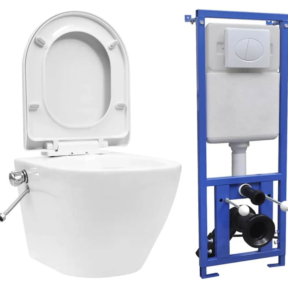 vidaXL Fontanería-Inodoro WC de pared sin bordes cisterna oculta cerámica