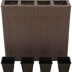 vidaXL Jardín-Jardinera alta con 4 macetas ratán sintético marrón