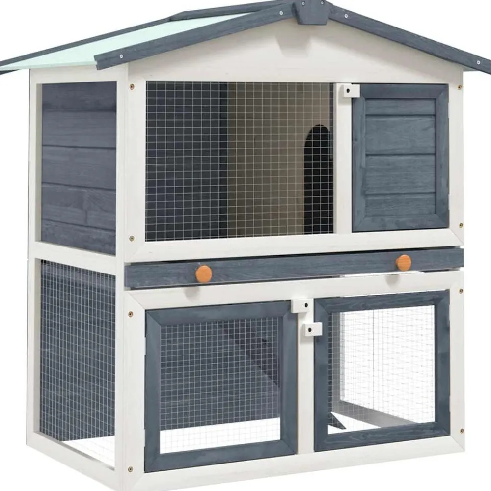 vidaXL Jaula conejera con 3 puertas madera Gris Clearance