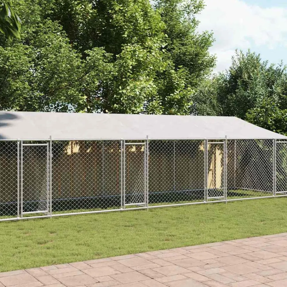 vidaXL Productos Para Mascotas-Jaula de perros techo y puertas acero galvanizado gris 10x2x2 m