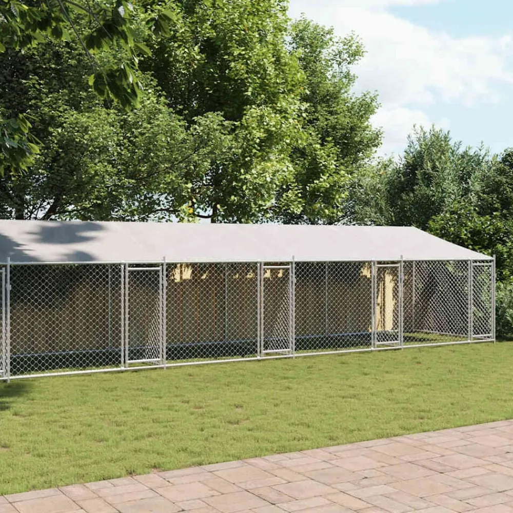 vidaXL Productos Para Mascotas-Jaula de perros techo y puertas acero galvanizado gris 10x2x2 m