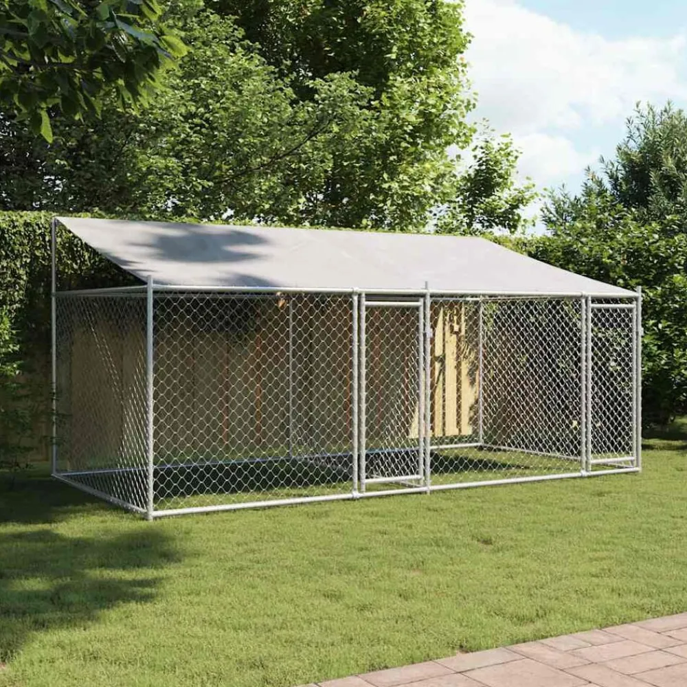 vidaXL Productos Para Mascotas-Jaula de perros techo y puertas acero galvanizado gris 4x2x2 m