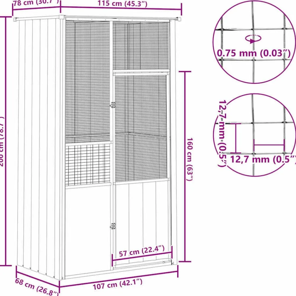vidaXL Productos Para Mascotas-Jaula de pájaros acero galvanizado 115x78x200 cm