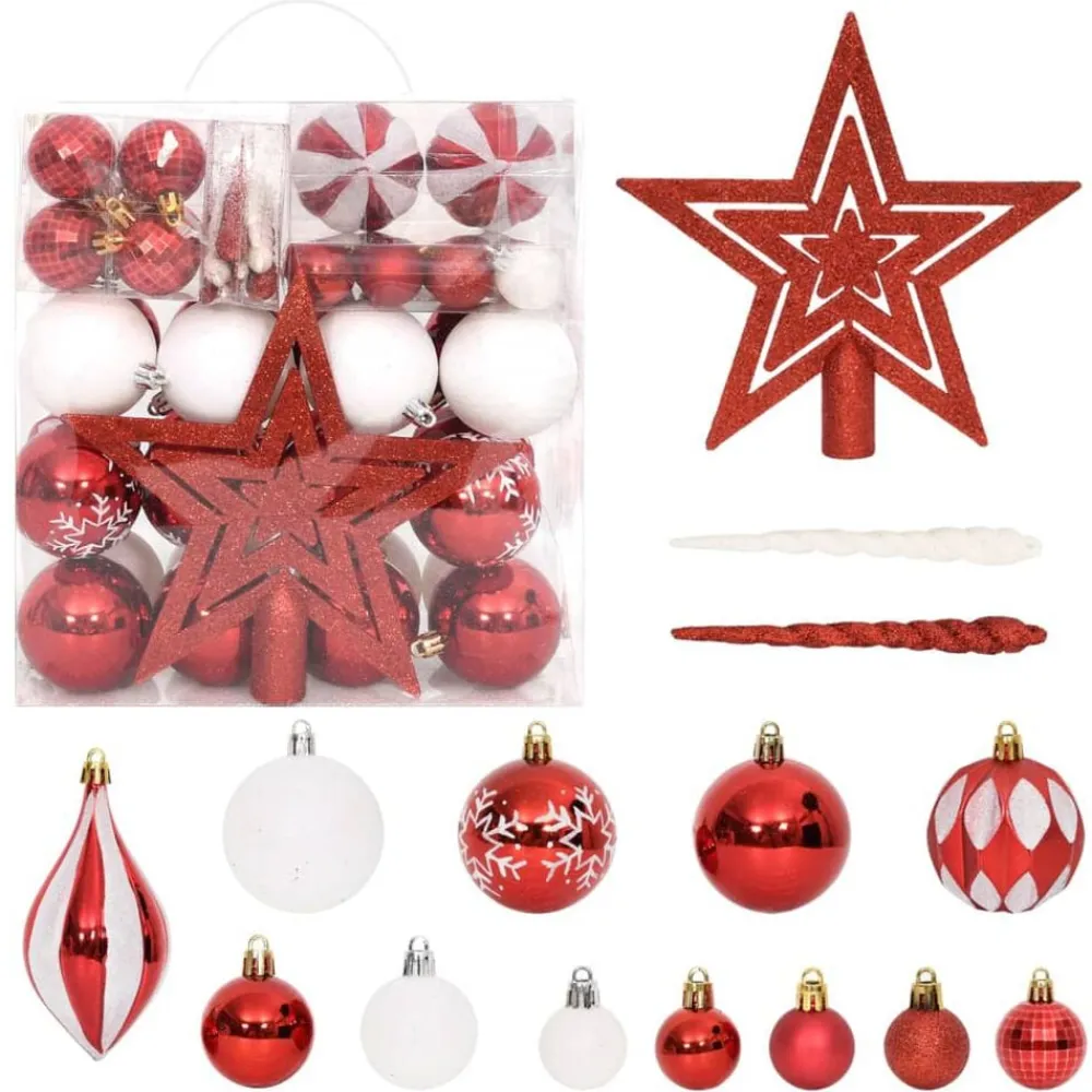 vidaXL Decoración-Juego de adornos de navidad de 64 piezas y blanco