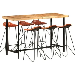 vidaXL Conjuntos De Muebles-Juego de bar 7 piezas madera maciza y cuero auténtico