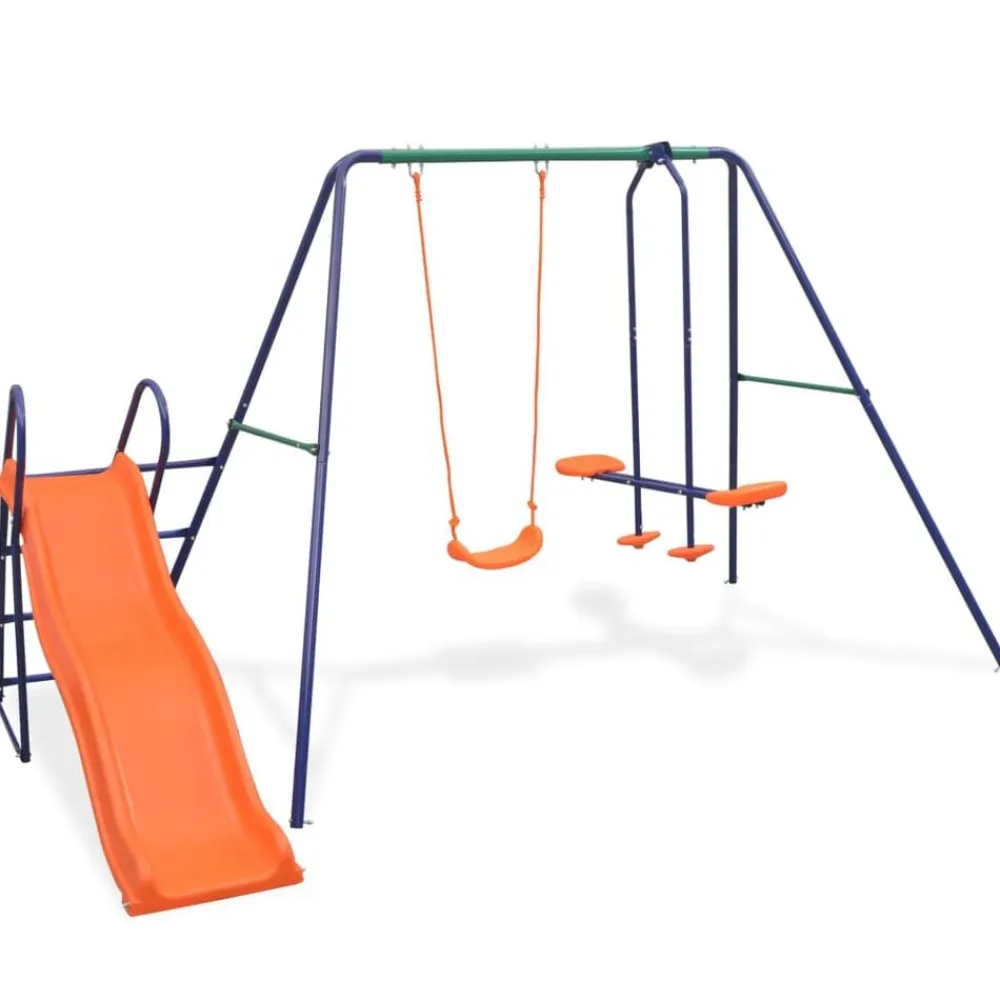 vidaXL Estructuras Para Juegos Al Aire Libre-Juego de columpios con tobogán y 3 asientos naranja