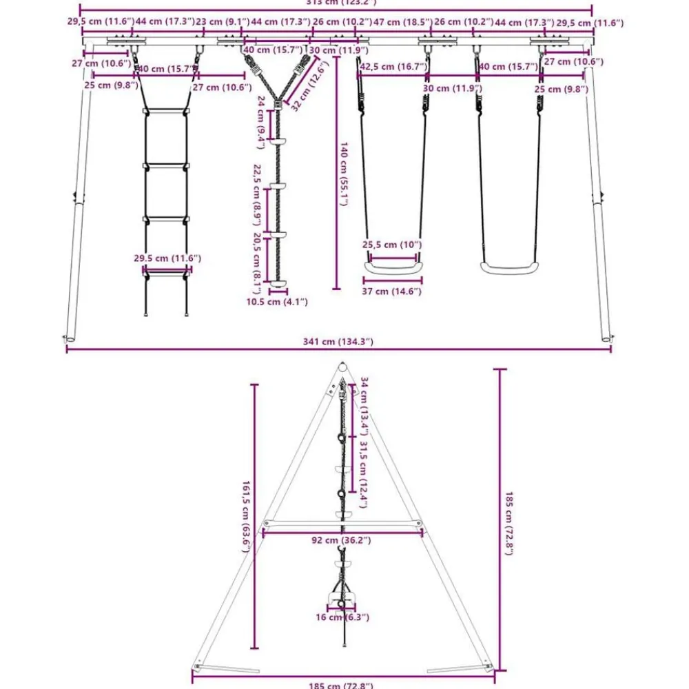 vidaXL Estructuras Para Juegos Al Aire Libre-Juego de columpios con columpios, escalera y cuerda de discos