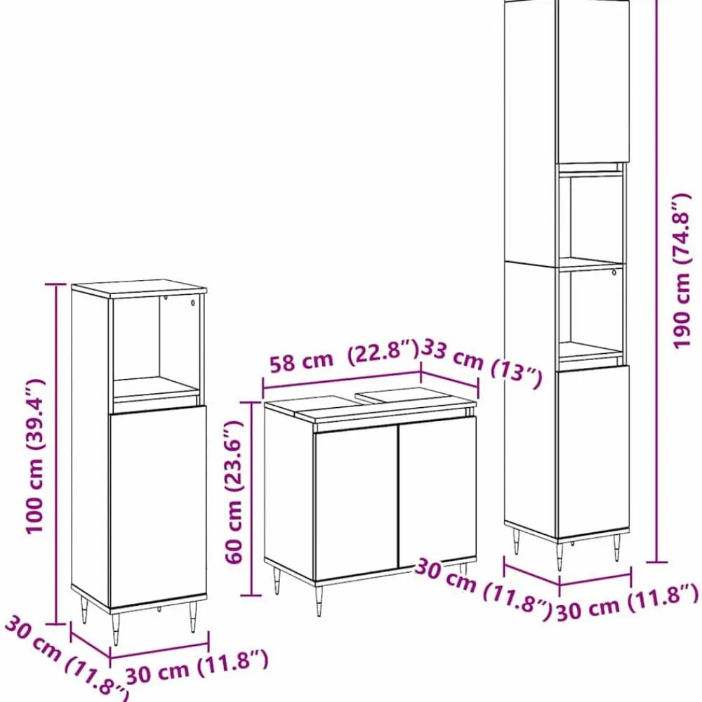 vidaXL Conjuntos De Muebles-Juego de muebles de baño 3 pcs 30 x 30 x 190 cm