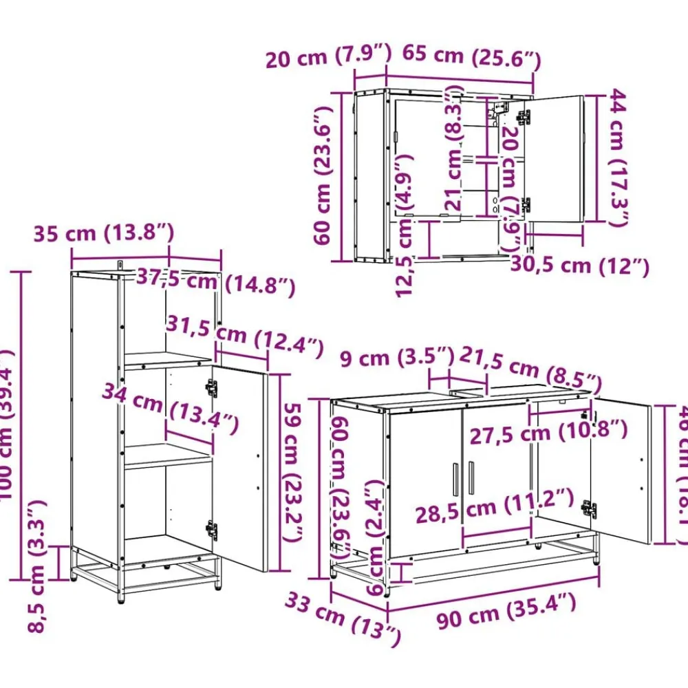 vidaXL Juego de muebles de baño 3 pcs Madera de ingeniería Roble negro Clearance