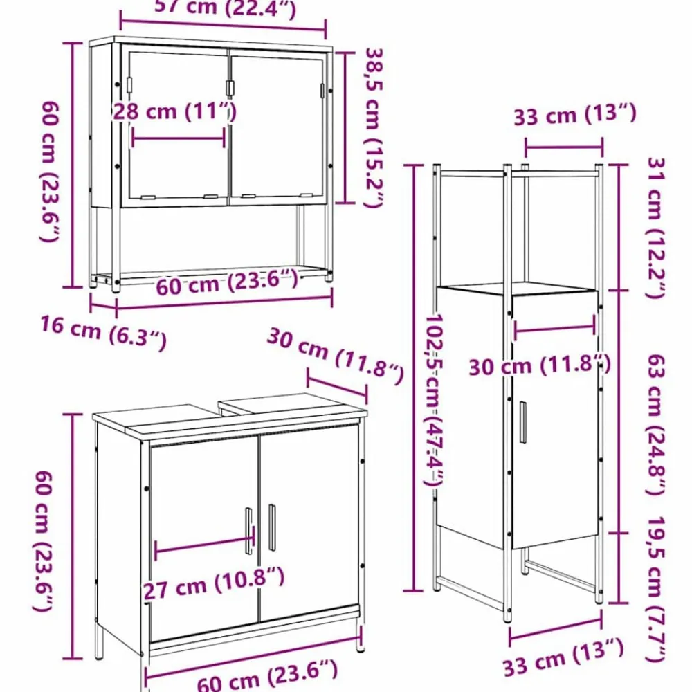 vidaXL Juego de muebles de baño 3 pcs Marrón Madera contrachapada Madera vieja