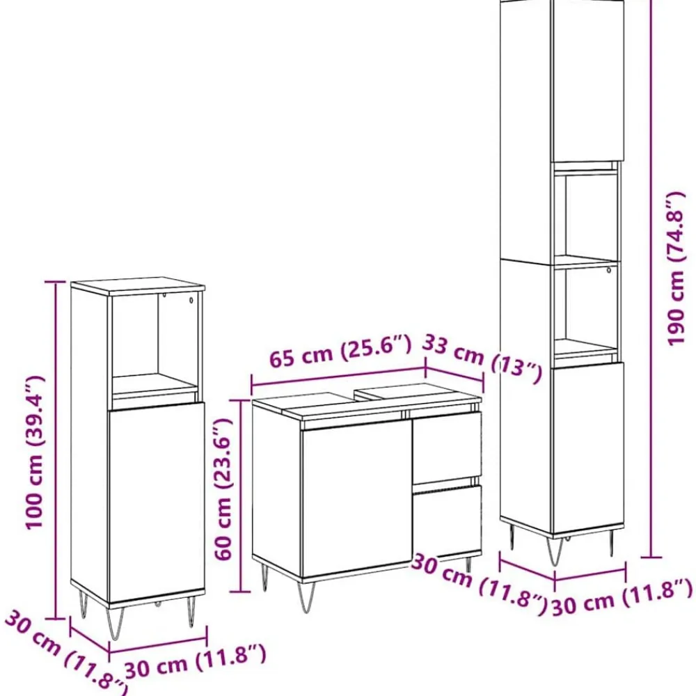 vidaXL Conjuntos De Muebles-Juego de muebles de baño 3 pcs 30 x 30 x 190 cm