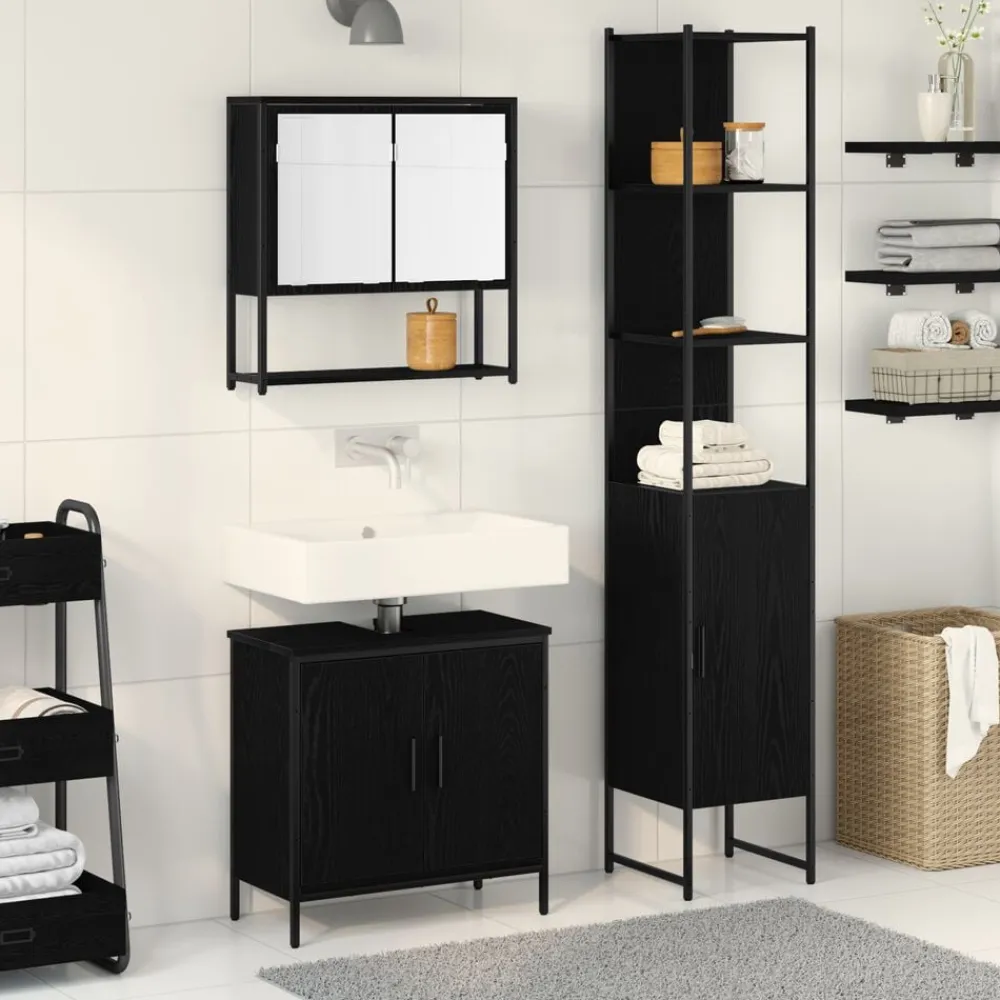 vidaXL Juego de muebles de baño 3 pcs Negro Madera contrachapada Roble negro