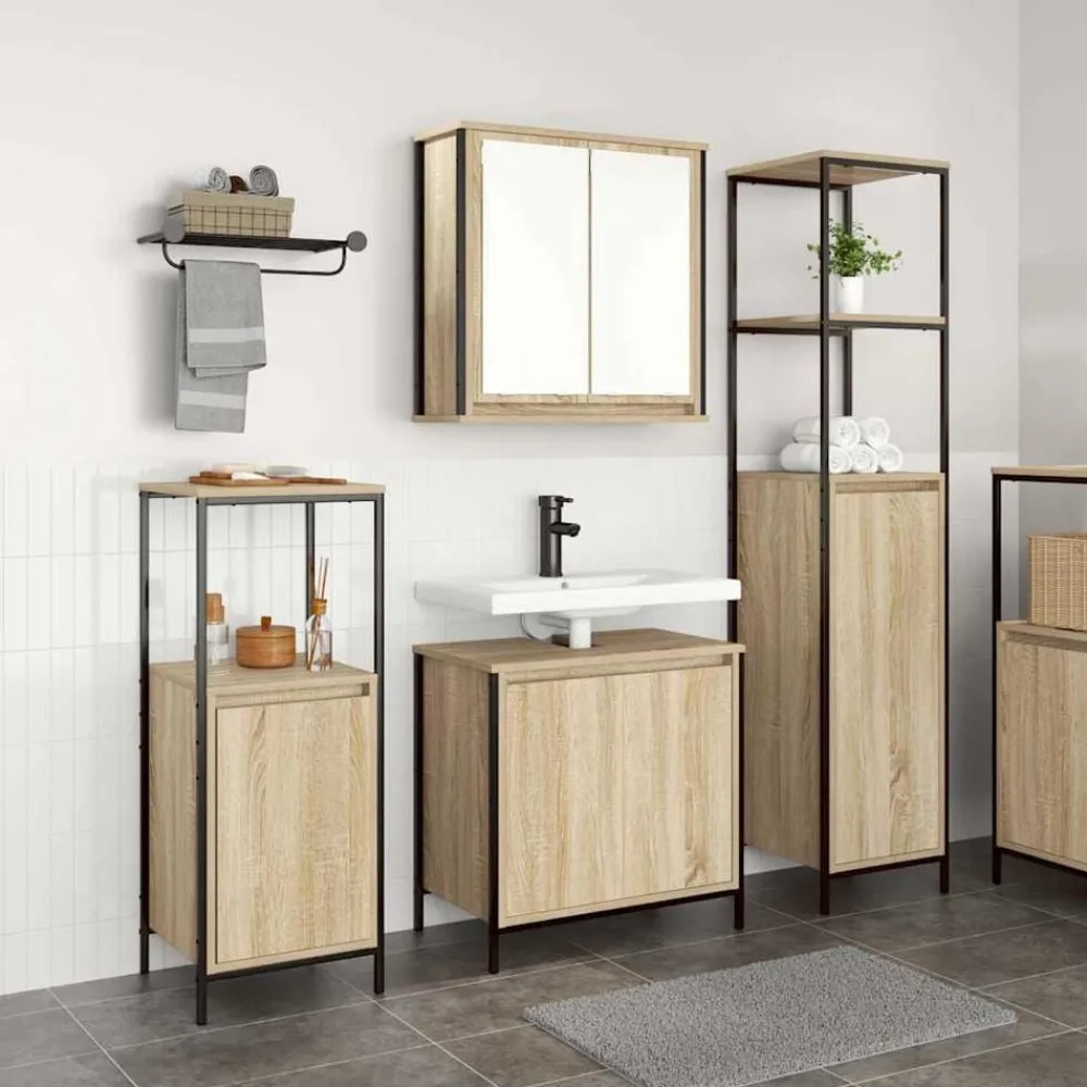 vidaXL Juego de muebles de baño con estante 3 pcs y Negro Roble Sonoma