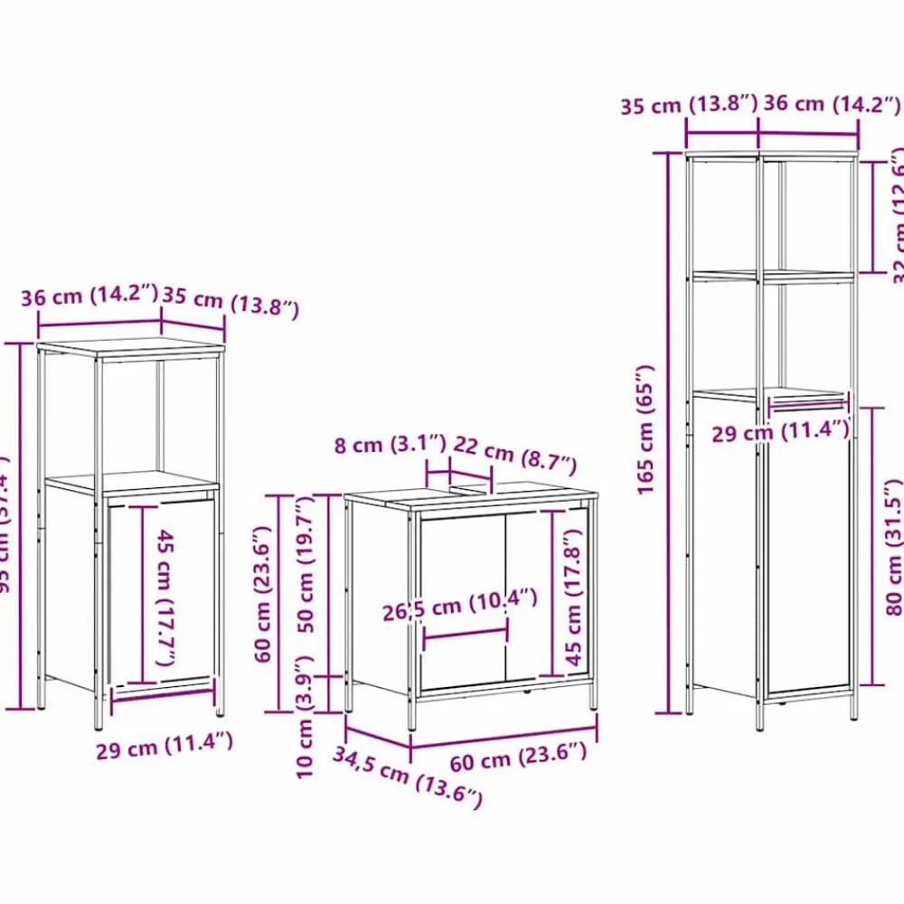 vidaXL Juego de muebles de baño con estante 3 pcs y Negro Roble Sonoma