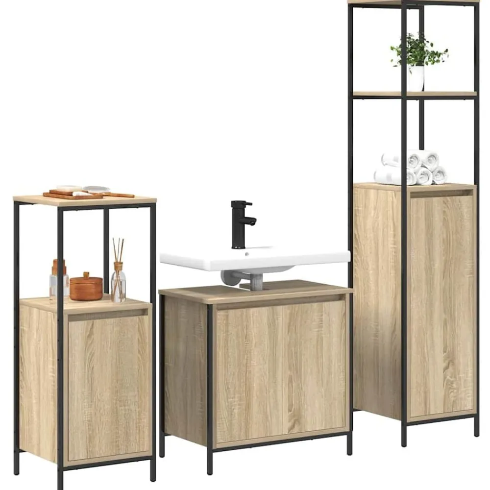 vidaXL Juego de muebles de baño con estante 3 pcs y Negro Roble Sonoma
