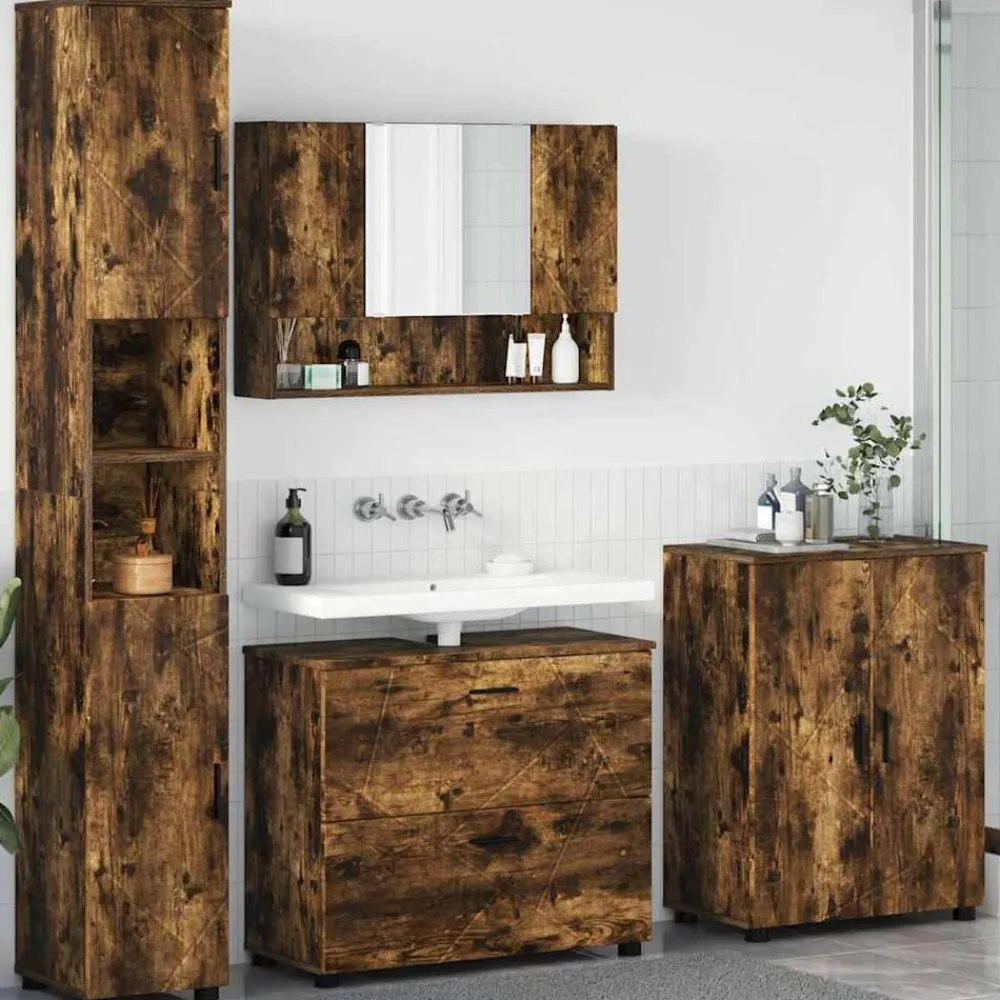 vidaXL Juego de muebles de baño con cajón 4 pcs Roble ahumado