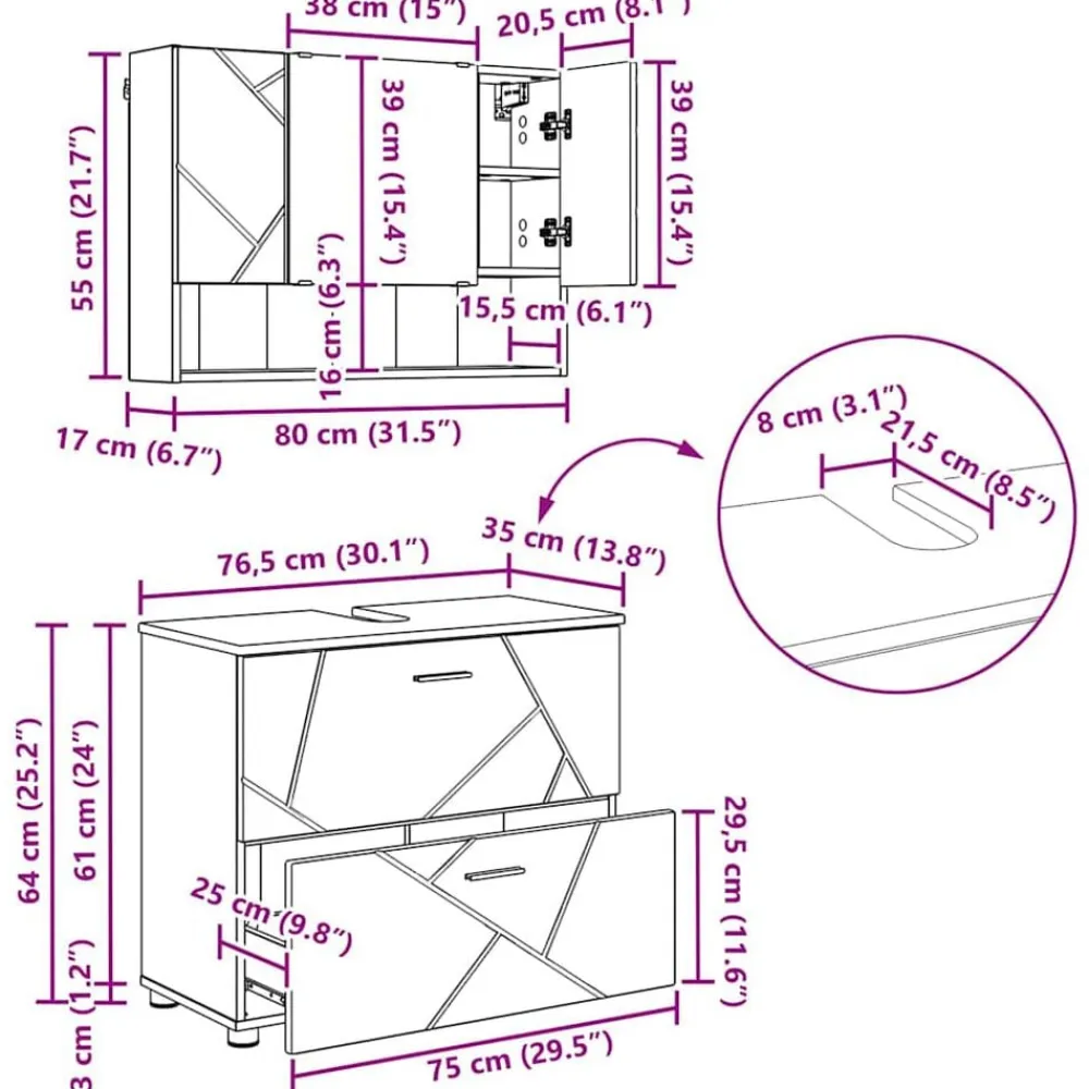 vidaXL Juego de muebles de baño con cajón 4 pcs Roble ahumado