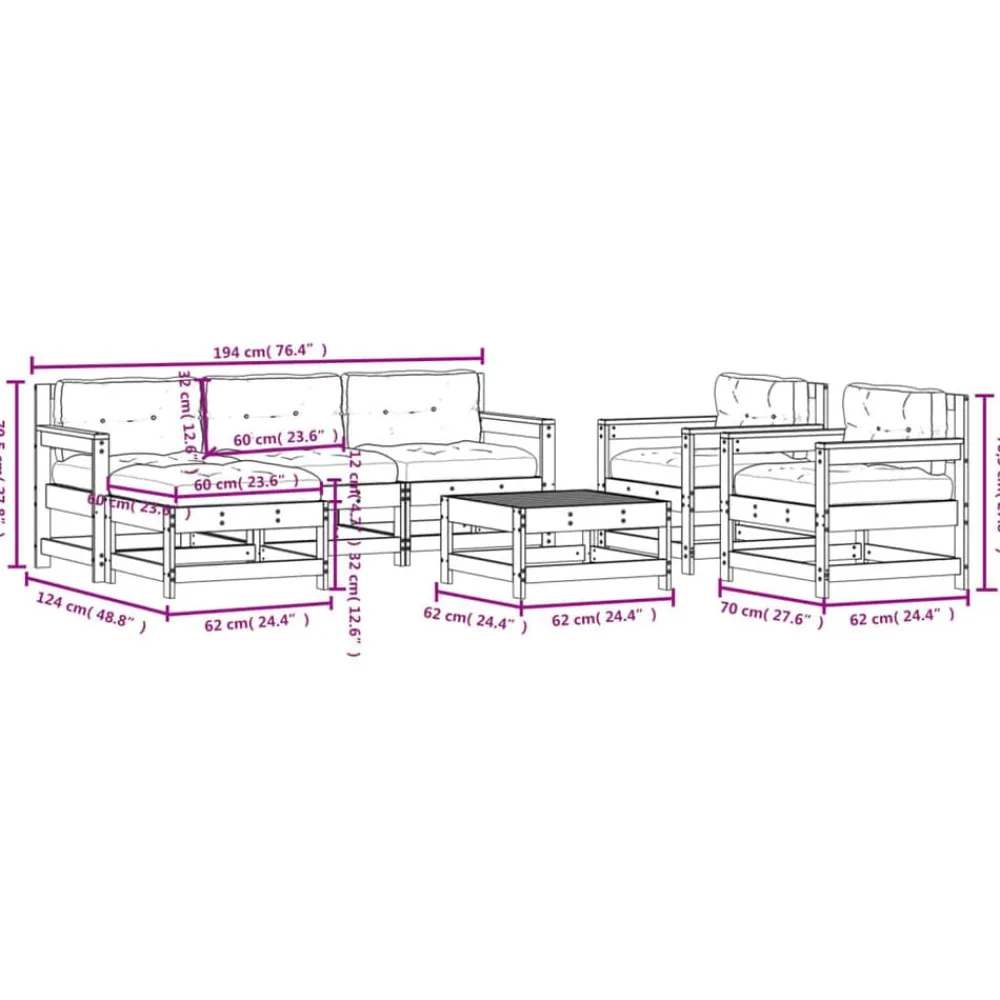 vidaXL Juego de muebles jardín 7 pzas y cojines madera pino impregnada Marrón Outlet